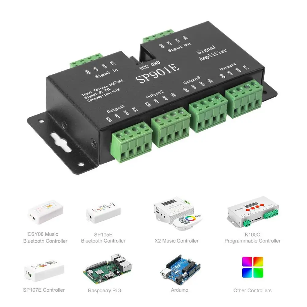 SP901E wzmacniacz sygnału SPI dla WS2812B WS2811 WS2813 Pixel RGB LED wzmacniacz sygnału adresowalna taśma kolorów marzeń DC5-24V