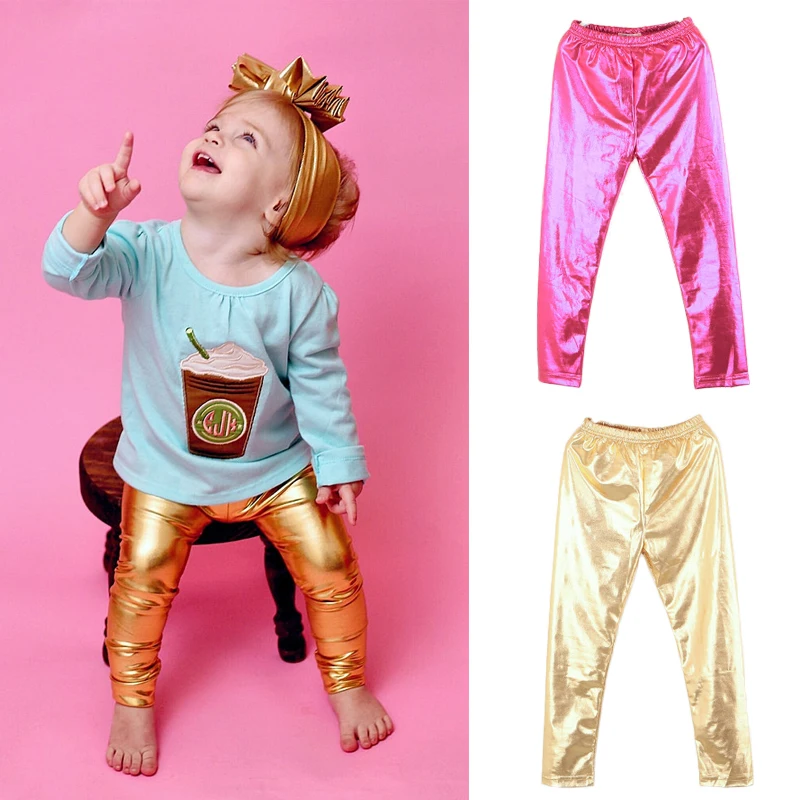 Chic Shinning Girl Leggings Elastic Skinny Pants Gold Silver Kids Metal Colors Sequined Fuax Leather Leggings Bottoms