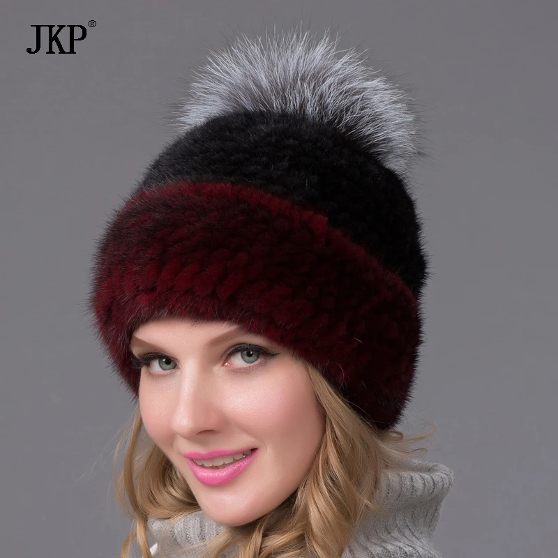 

Natural Mink Fur Women's Winter Leather Real Fur Patchwork Color Fashion Hat With Fluffy Fox Fur Ball Sweet Girl Warm Hat