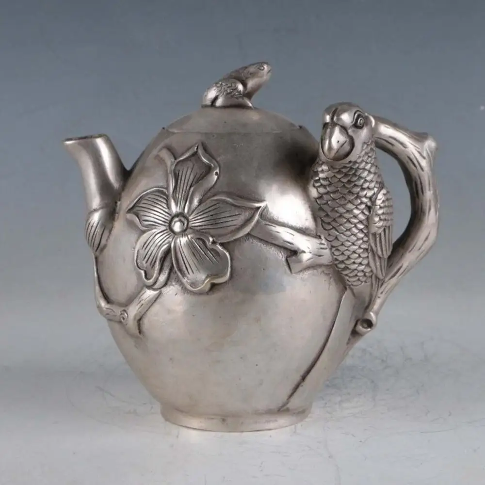 Chinese Silvering Copper Handwork Carved Birds Flowers Teapots