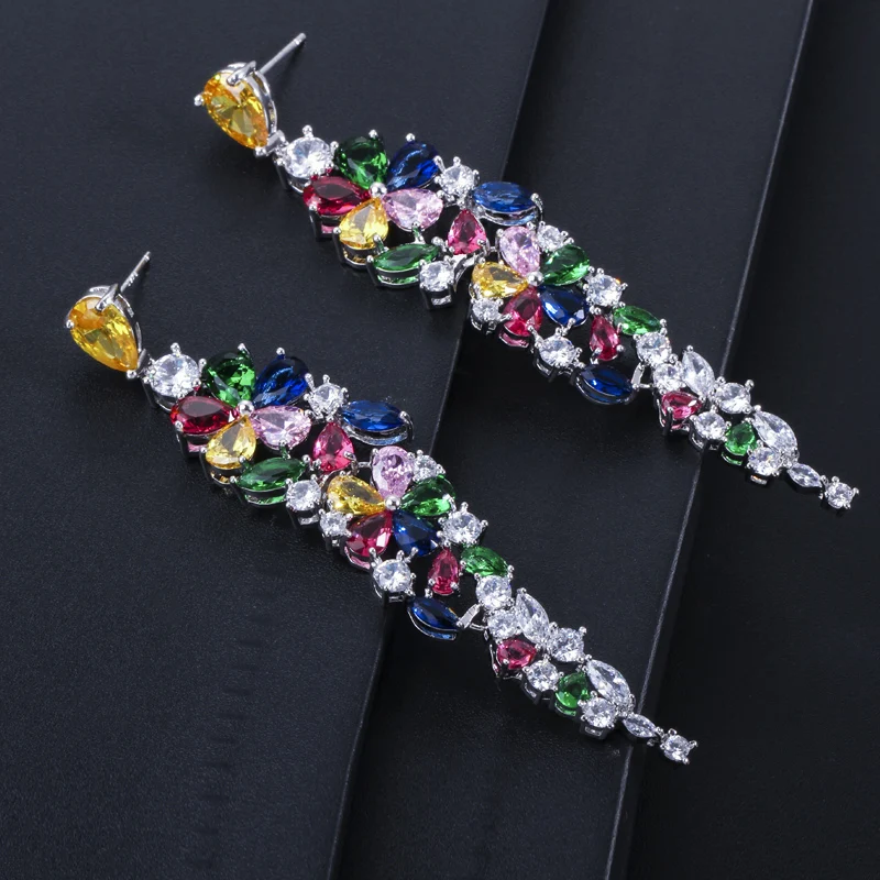 CWWZircons Multi Color Flower Shape Statement Cubic Zirconia Long Dangling Earrings Fashion Bridal Wedding Party Jewelry CZ422