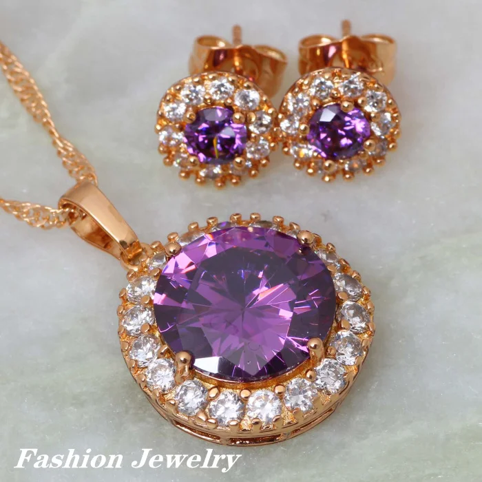 Garilina Fine Jewelry Sets Purple Zircon White Clust Purple crystal Gold Plated Pendant Necklace/Stud Earrings for Women Girls