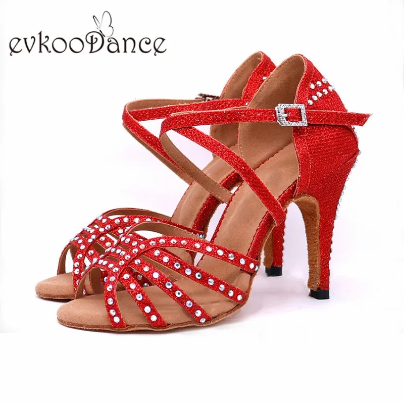 Zapatos de baile de salón para mujer, calzado de tacón alto de 9cm, 4 colores, para Salsa latina, Tango, Color negro y rojo, DIY, Evk-512