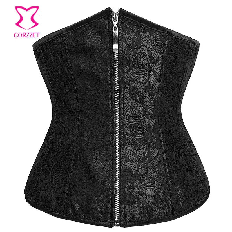 Black Satin&Floral Lace Overlay Underbust Corset Wait Trainer Sexy Waist Shaper Bustier Corpete Corselet Zipper Gothic Lingerie