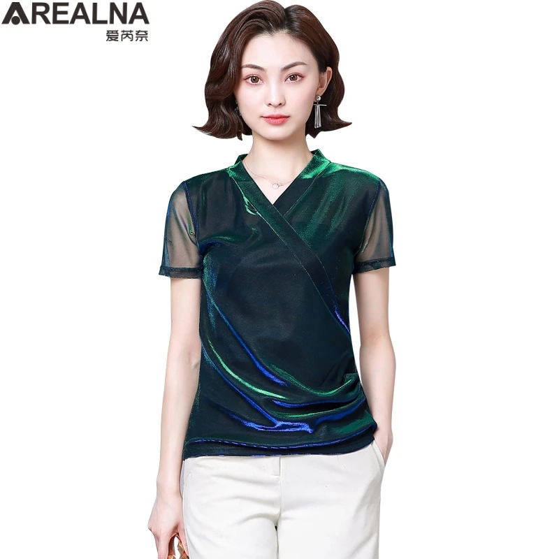 Shiny Gradient Mesh Blouse Women korean Fashion office blouses woman 2022 Summer V-neck OL Womens Tops and Blouses Shirts Blusas