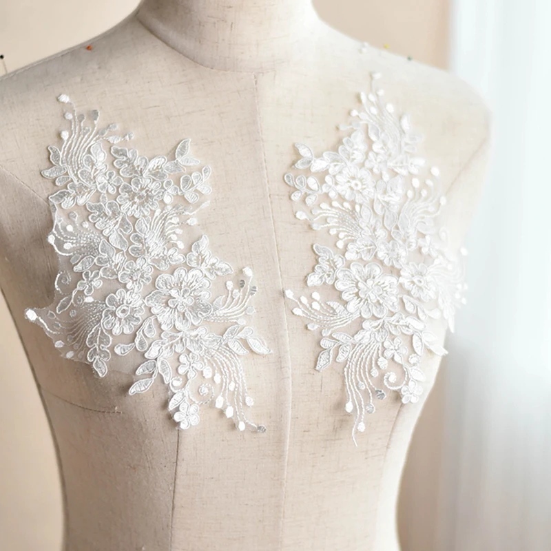 

20Pieces Ivory White Car Bone Lace Applique Embroidered French Lace Fabric Polyester Lace Trimmings For Sewing Wedding Dress