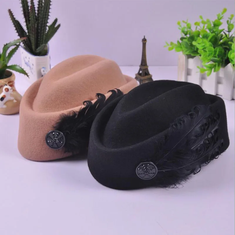 Australian Hats Elegant Wool Feather Bow Airline Stewardess White Women\'s Fedora Caps Formal Lady Hat Royal Style DomeChapeu