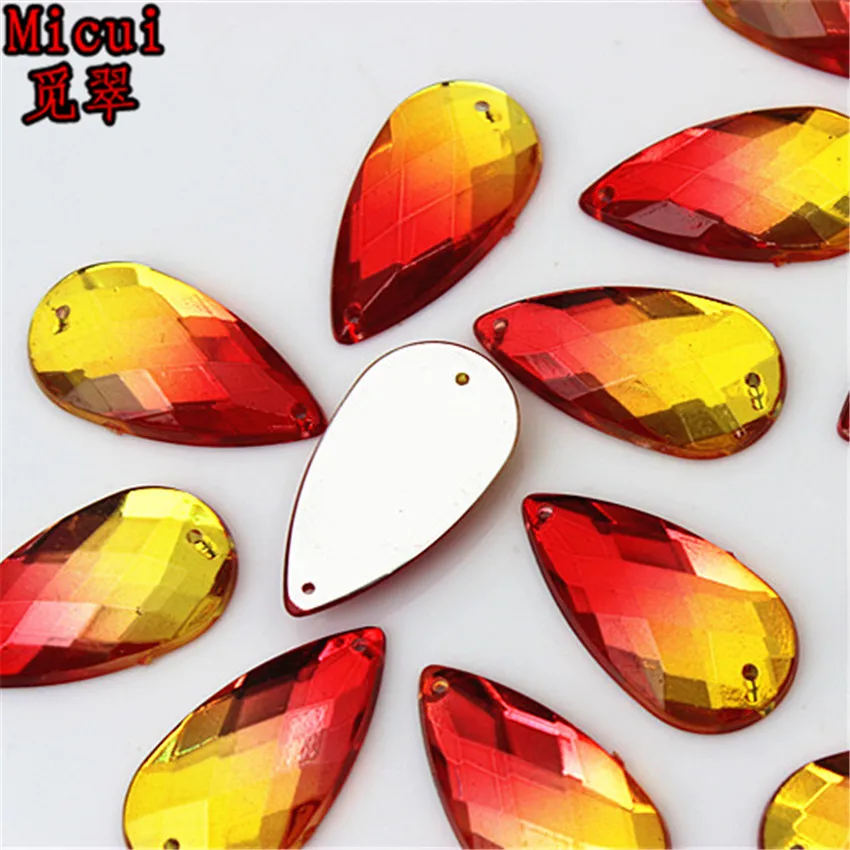 Micui 30pc 16*30mm Double Color Acrylic Rhinestone Crystal Big Drop Shape Sew On Rsilver Base Flatback With 2 Holes ZZ97