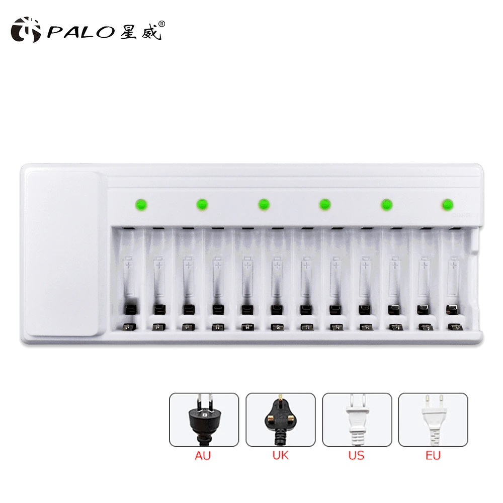 PALO 12 Khe Màn Hình Hiển Thị Đèn LED Thông Minh Sạc Pin Cho Pin AA/AAA Ni-CD Ni-MH 1.2V Pin Sạc + 12 Pin Sạc AA