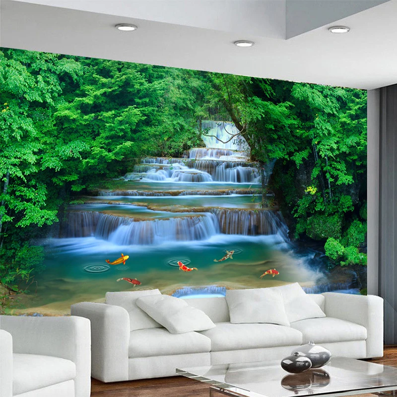 HD Waterfall Running Water Goldfish Photo Mural Wallpaper Chinese Style Nature Landscape Wall Painting Interior Decor Wall Paper