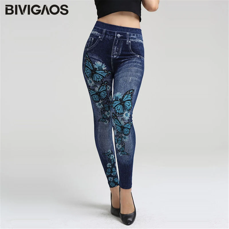 BIVIGAOS New Womens Faux Denim Jeans Leggings Cotton Beauty Printed Jeggings High Waist Legging Pants Sexy Women Push Up Jegging