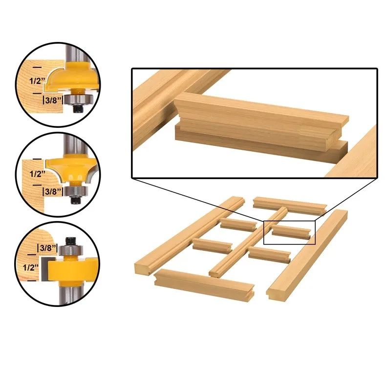 CHWJW-12mm 생크 유리 도어 라우터 비트, 라운드 오버 비드 세트, 목공 도구용 커터 장부 커터 포함, 3 개