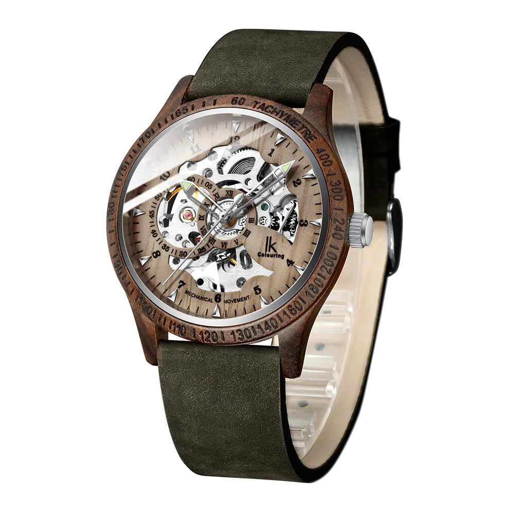 IK Colouring Mannen Horloge Mode Toevallige Houten Case Crazy Horse Lederen Band Hout Horloge Skeleton Auto Mechanische Mannelijke Relogio