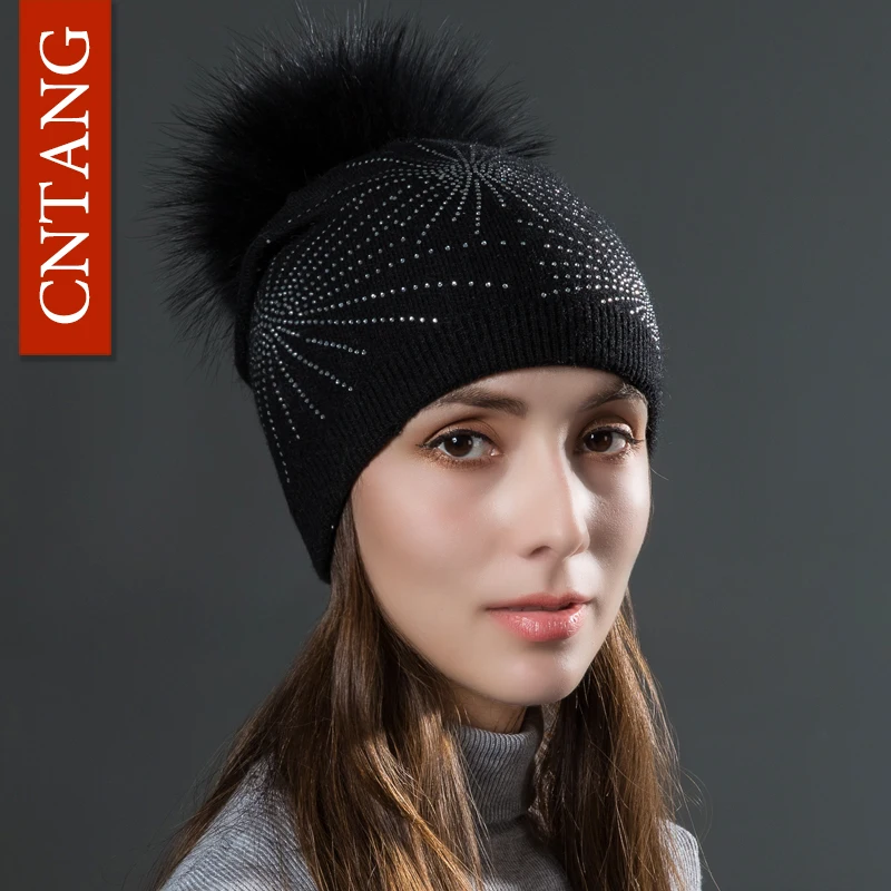 CNTANG 2024 Rhinestone Knitted Wool Hats With Natural Raccoon Fur Pom Pom Caps Autumn Winter Warm Hat For Women Fashion Beanies