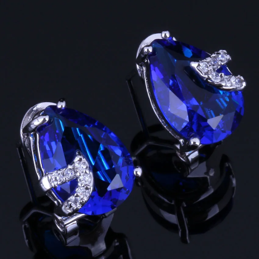 Unusual Pear Blue Cubic Zirconia White CZ Silver Plated Clip Hoop Huggie Earrings V0928