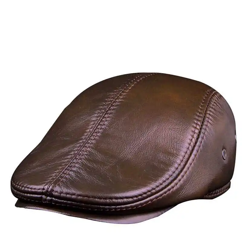 2019 New Design Men\'s 100% Genuine Leather Cap brand Newsboy /Beret /Cabbie Hat/ Golf Hat winter warm hats with ears