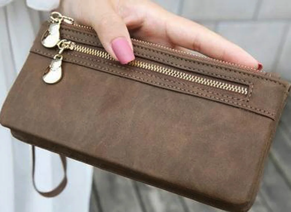 wallet women  Women's Purse With A Zipper Famous Brand Vintage Double Dull Polish Leather Long Wallet Handbag 7 Color 40