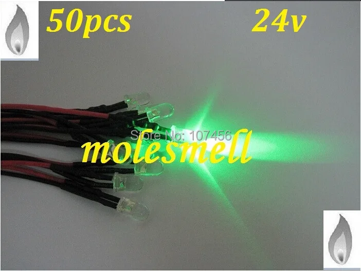 

Free shipping 50pcs 5mm green Flicker 24V Pre-Wired Water Clear LED Leds Candle green Light 20CM