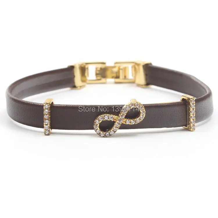 Micro Pave Clear CZ Figure Of Eight Arc Tube Strand Bracelet Stringed Leather Cord Fold Over Clasp Approx 6-8 Inches