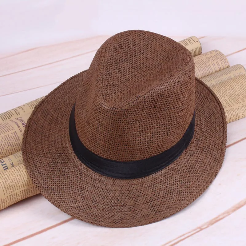 Men Straw Panama Hat Handmade Cowboy Cap Summer Beach Travel Fedoras Hat FS99