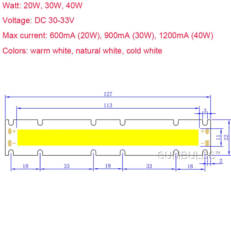 127x22MM 40W LED Light Bulb Lamp COB Strip Warm Nature Cold White DC 30V 33V Rectangular Bar Lights for Fllod Project Lamp