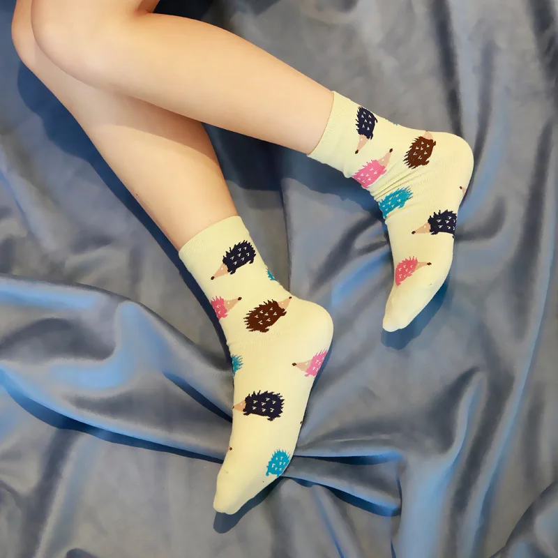 New Cartoon Animal Cute Hedgehog Pattern Colorful Funny Happy Woman Short Socks High Quality Soft Comfortable Casual Cotton Sock