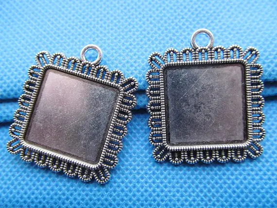 10pcs Antique Silver tone/Antique Bronze Lace Border Base Setting Tray Bezel Pendant Charm,fit 20mm Square Cabochon/Cameo