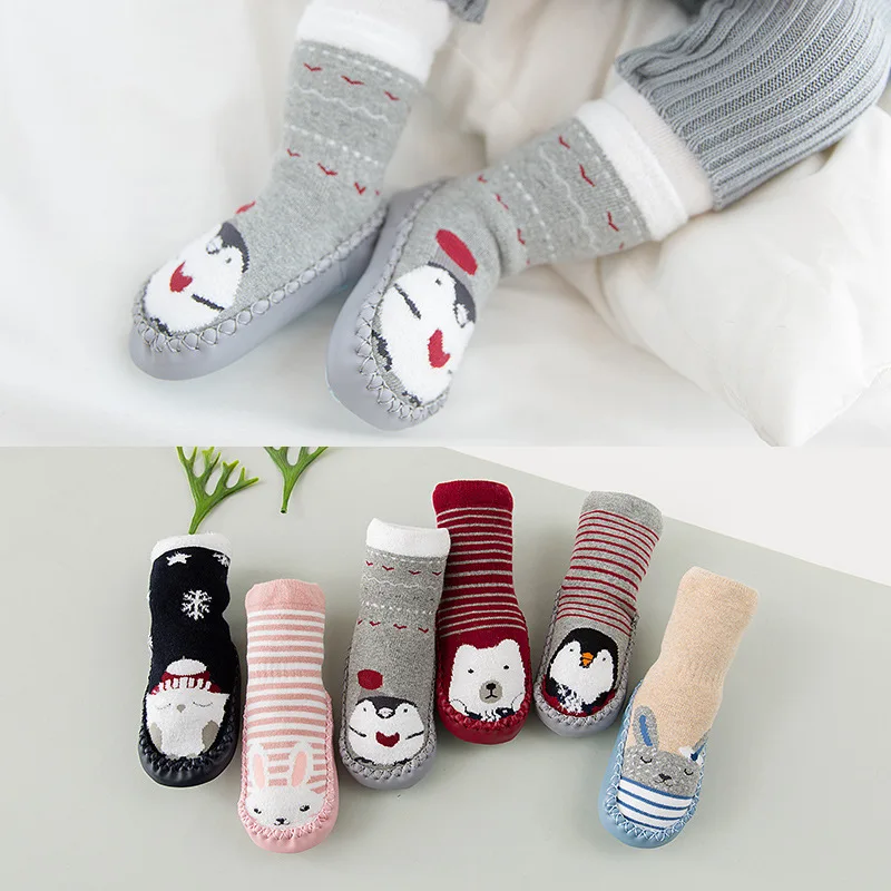 Baby Toddler Boys Girls Knee High Anti Slip Socks Thick Towel Stripe Socks With Rubber Soles Cute Animals Print 0-18M DS9