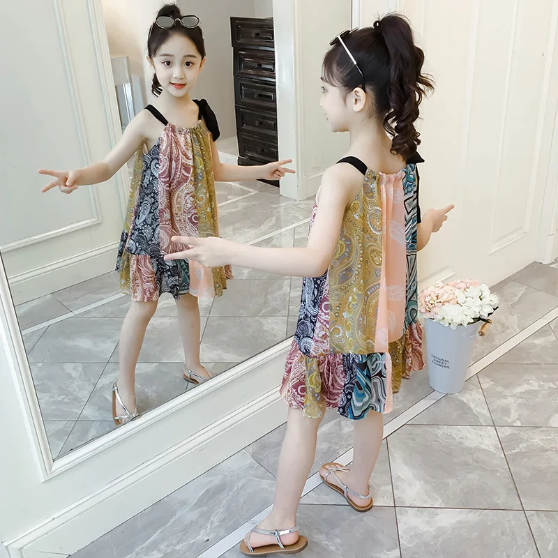 Bohemia Style Girls Summer Multicolored Slip Dress 2023 New Kids Chiffon Princess Dresses Children's Thin One Piece Clothes X456