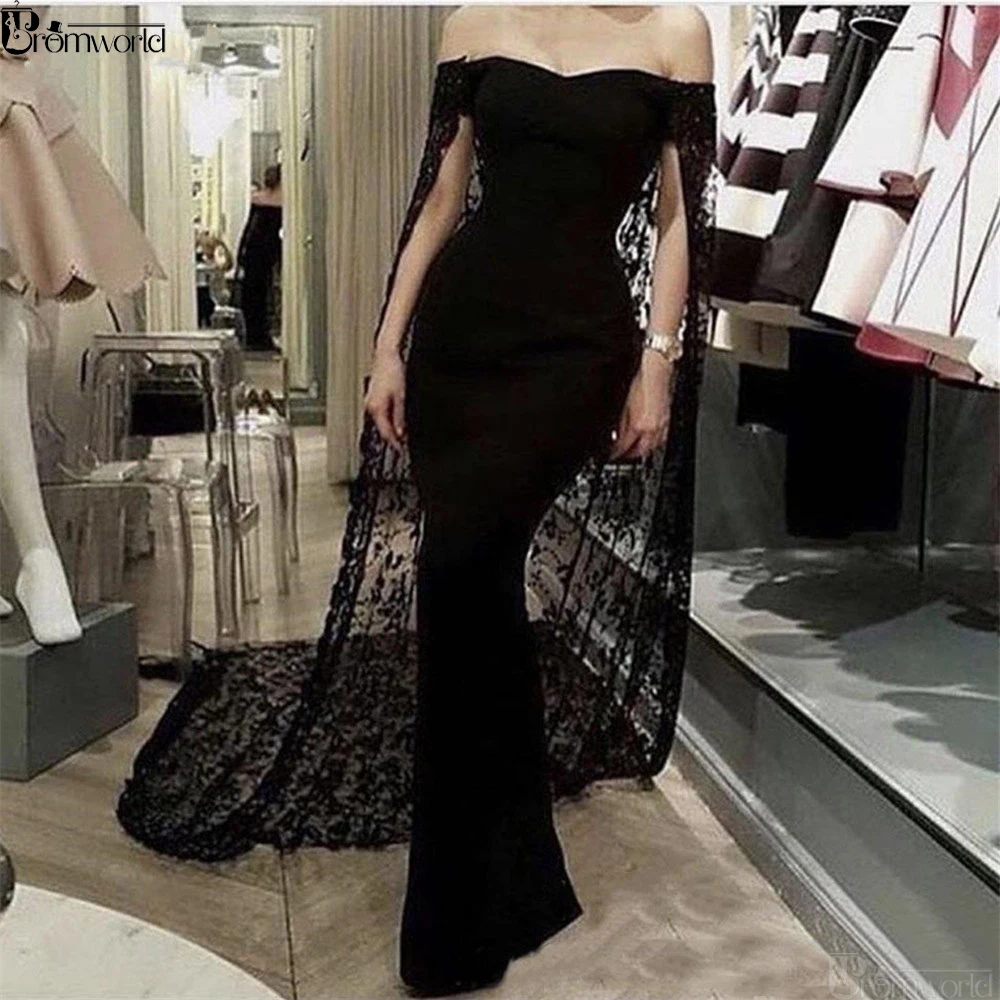 

Stylish Black Muslim Evening Dresses 2021 Dubai Saudi Arabic Long Evening Gowns with Detachable Lace Shawl Mermaid Prom Dress