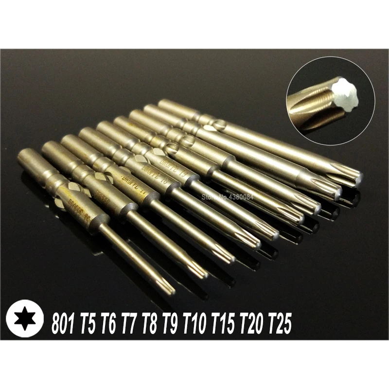 9Pcs Set 60MM Magnetic TORX Screwdriver Drill Bits Dia 5mm Round Shank Electric Screw Driver S2 Hand Tools For 801, 4C NO HOLES