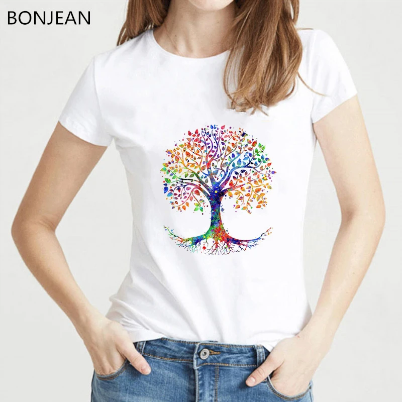 Watercolor Tree Of Life Printed Tshirt Women Cute T Shirt Femme Round Neck Summer Top Female T-Shirt Camiseta Mujer Tee Shirt