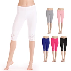 Knitted Short Leggings Women Summer Cropped Pants Female Jegging Safe Pants Mid-calf Capris Push Up Hollow Out Flower