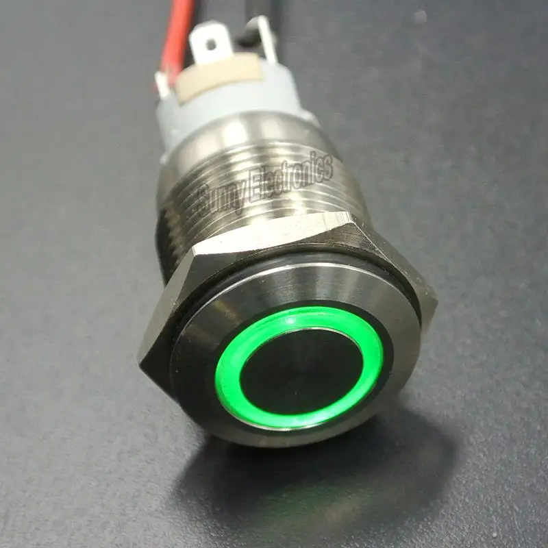 12V Latching Pushbutton Switch  SPDT Silver Stainless Steel Shell with Green LED Ring Suitable for 19mm 3/4