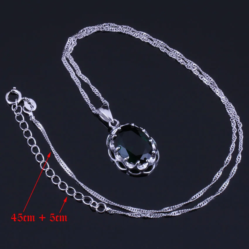 Magic Oval Egg Green Cubic Zirconia Silver Plated Jewelry Sets Earrings Pendant Chain Ring V0277