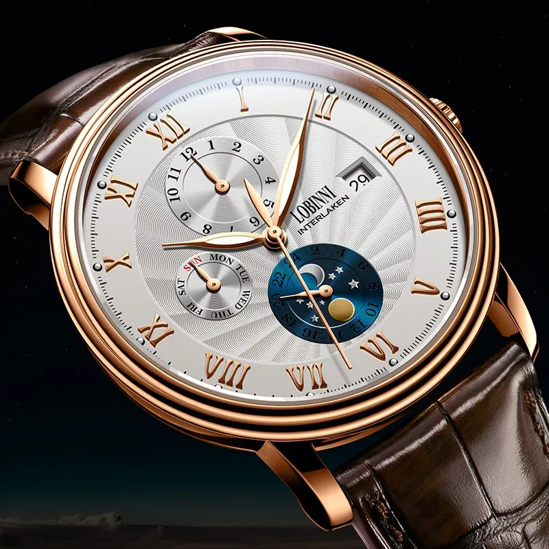 New LOBINNI Switzerland Men Watches Luxury Brand Seagull ST16 Automatic Mechanical Clock Sapphire Moon Phase Waterproof L1023B-5