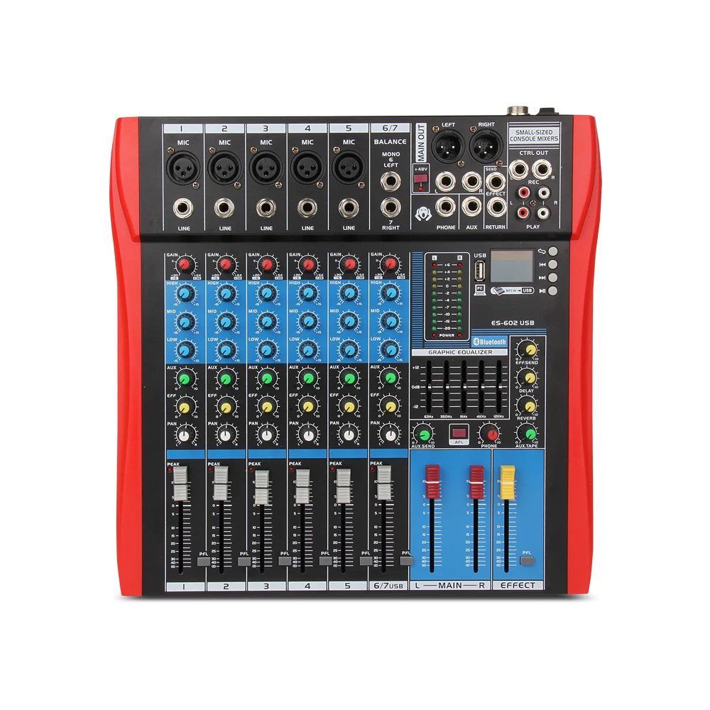 XTUGA ES602 USB/MP3/บลูทูธ Professional STAGE เครื่องเสียงดิจิตอลในตัวผลเพลงผสมผสม 7 Channel Mixer + 48V