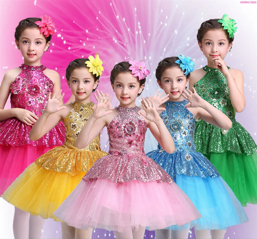 

Princess Sequin Dance Dress For Girls New Design Children Halter Flowers Tutu Dress Ballerina Clothes For Kids Ballet Dancers