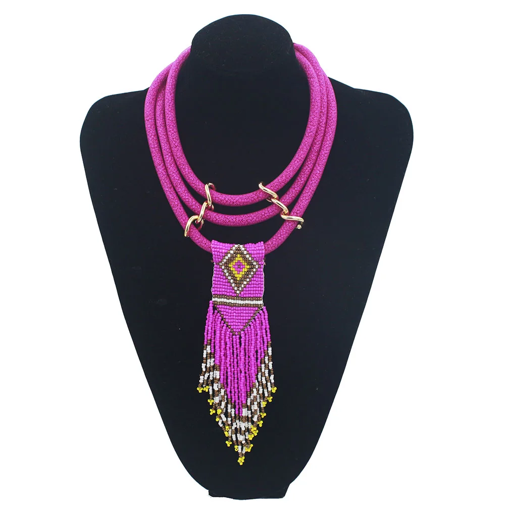 Women Boho Woven Beads Necklaces Jewelry Handmade Multilayer Bohemia Long Tassel Pendant Necklace Wholesale