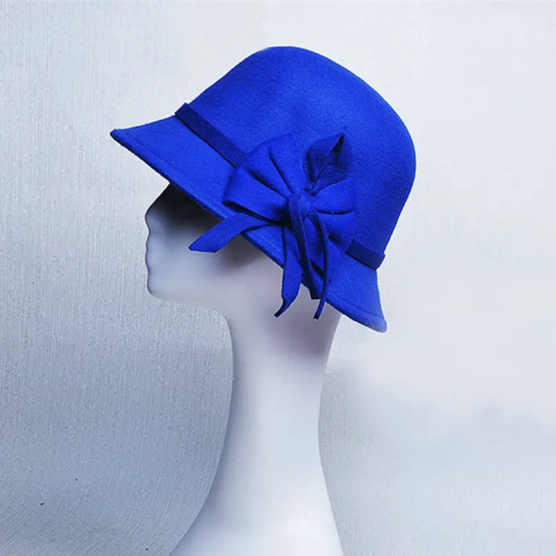 Elegant Women Round Bowler Cap Imitation Wool Bowknot Fedoras Cotton Church Cloche Bucket Hat Vintage Brim Chapeu Feminino YG613