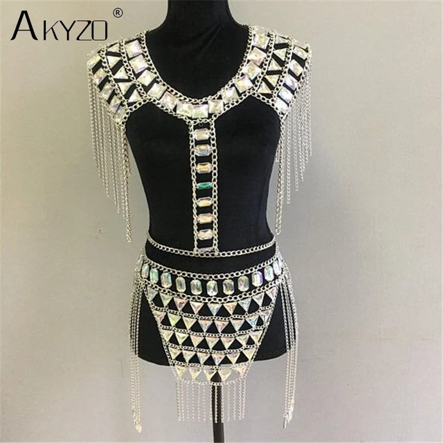 AKYZO szalony kryształ cekiny kobiety 2 sztuka zestawy śmieszne festiwal stroje Handmade Patchwork frędzle metalowe łańcuch krótki Top zestaw damski