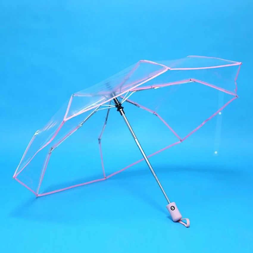 Transparent Windproof Umbrella for Women, Fully Automatic, Clear Folding Rain Umbrella, Female Foldable Parasol