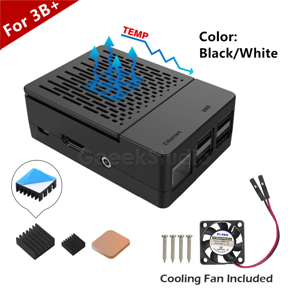 New Design! ABS Black / White Case Cover Enclosure Box + Heat Sinks Heatsinks + Cooling Fan for Raspberry Pi 3 B+ / 3 B / 2 B