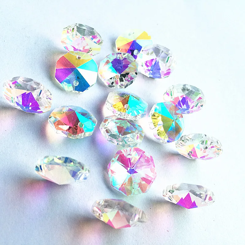 Top Quality 200PCS/lot 14MM Clear Ab Crystal Octagonal Beads For Crystal Garland Strands Parts Suncater Stones Chandelier Parts