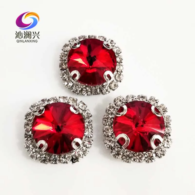 

Round shape top glass crystal rhinestones with hole,Red Silver bottom sew on stone for Diy Clothing accessories SWWK07