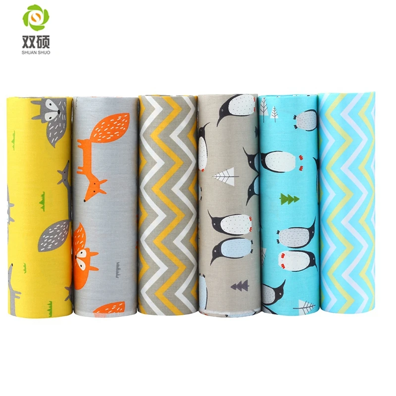 Shuanshuo Penguin & Fox Twill Cotton Fabric,Patchwork Cloth,DIY Sewing Quilting Fat Quarters Material For Baby&Chil  6pcs/lot