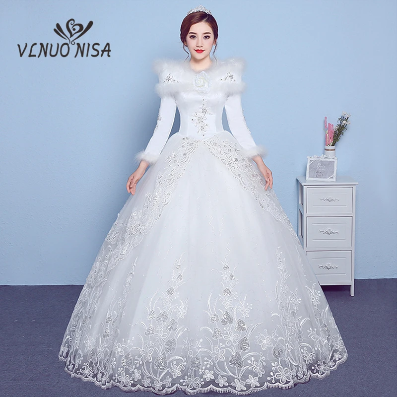 

VLNUO NISA Long Sleeves Winter Wedding Dress with Shawl Lace Appliques Sequin Invisible zipper Bridal Gowns Vestido De Novias 20