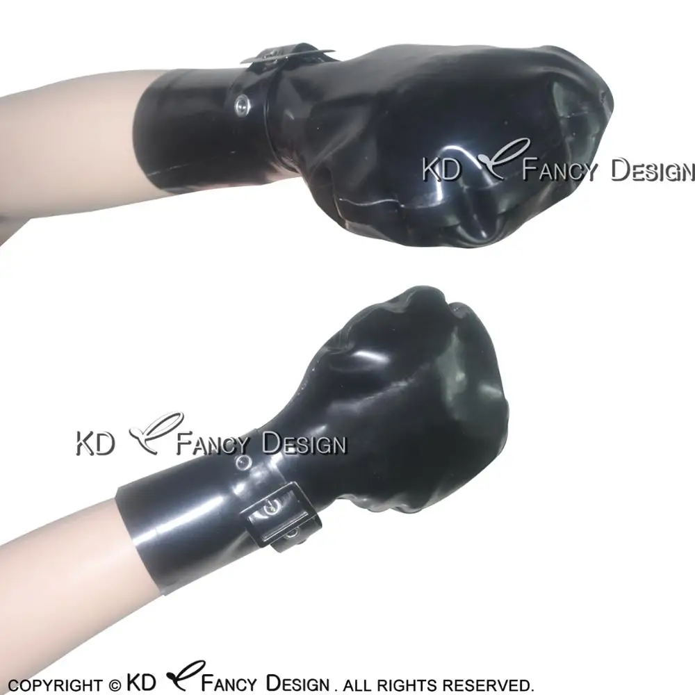 Black Sexy Short Latex Gloves With Belts And Mini Buckles Rubber Mitts Plus Size ST-0002