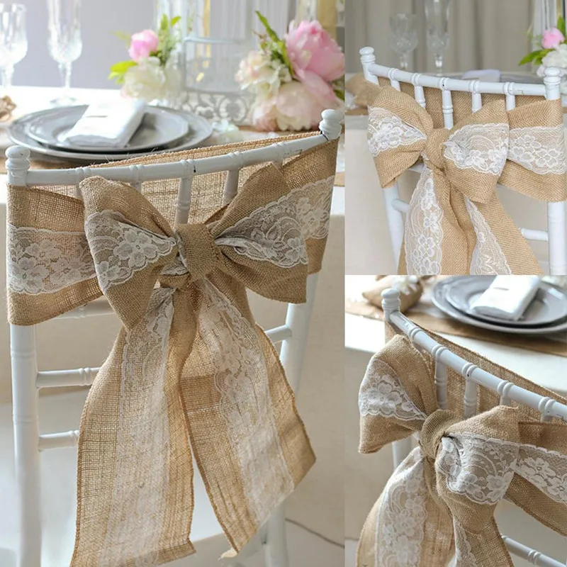 

15x240CM Naturally Elegant Burlap with Lace Tirm Chair Sashes Jute Chair Tie Bow for Rustic Wedding Decoration