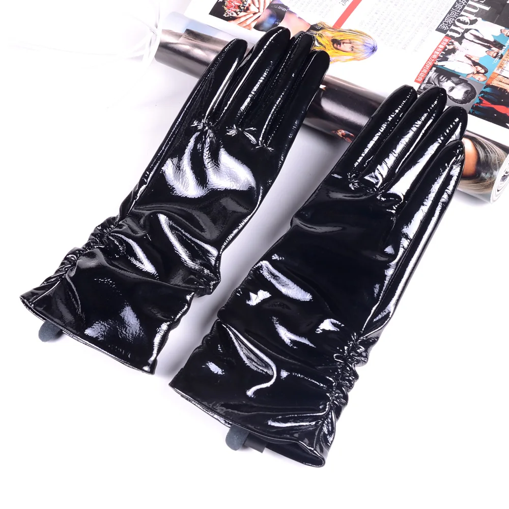 Women\'s ladies Genuine Shiny leather Patent Leather Black Mid-Long evening gloves Ruched Gloves